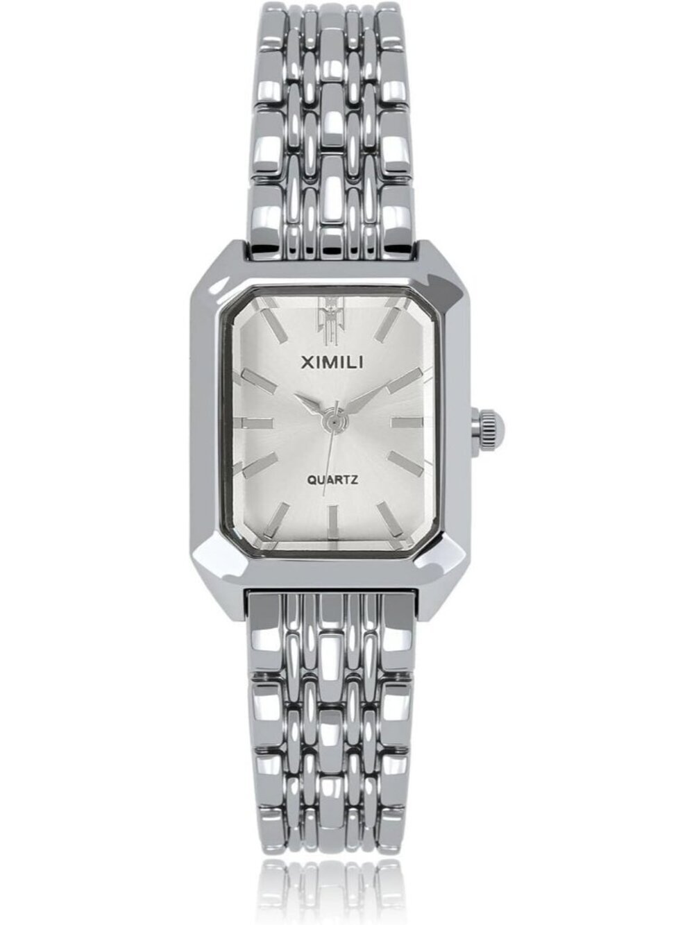 Women's Silver Quartz Rectangular Case Metal Bracelet Band Analogue Wrist Watch